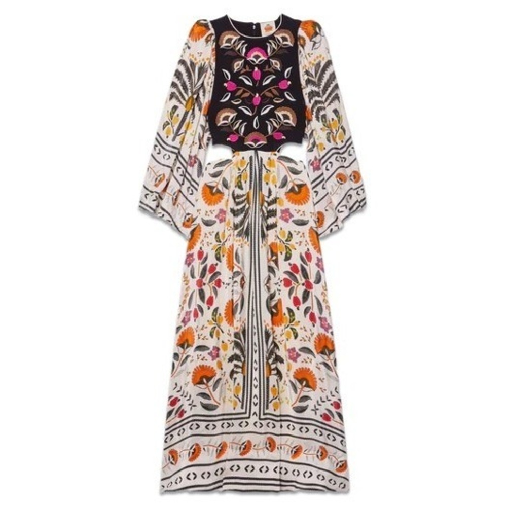 Farm Rio Cutout Embroidered Print Crepe Maxi Dress Black Cream Floral Beaded S - Picture 4 of 13